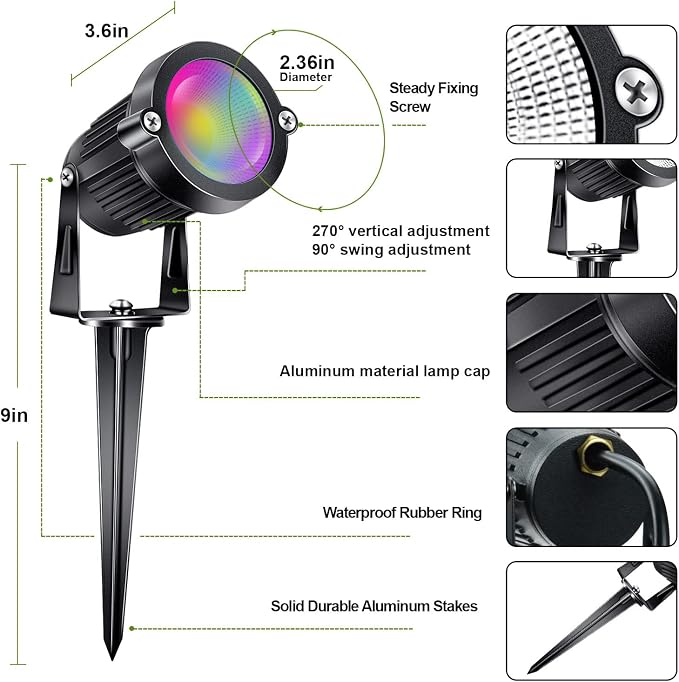 RGB+W Low Voltage Landscape Lights with Remote Control 5W 12V Landscape Lighting LED 16 Color Changing Spotlights Outdoor Waterproof Pathway Lights Garden Decorative(Not Include Transformer)