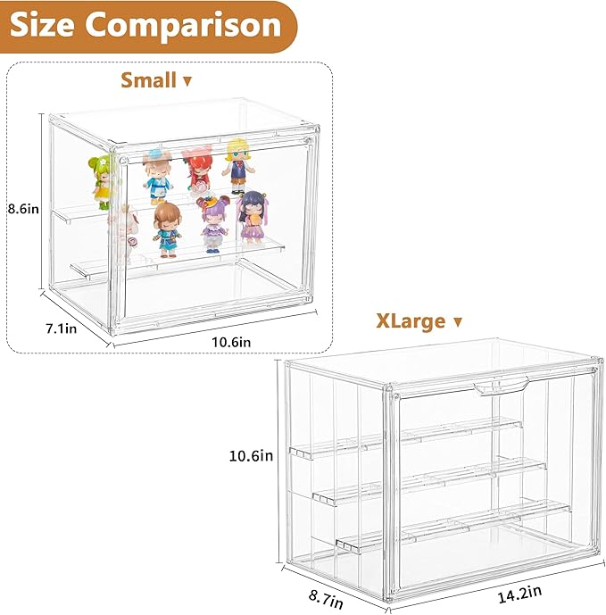 LXLXXL Small Acrylic Display Case for Collectibles 3 Layer Adjustable Display Case with Magnetic Door Clear Stackable Display Box for Mini Figures, 4 Pack