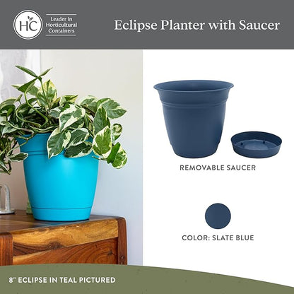 The HC Companies 12 Inch Eclipse Round Planter Pots with Drainage Holes & Attached Saucer, Lightweight UV-Resistant Plastic Indoor & Outdoor Planters, 2-Pack Flower Pots, Garden Home Decor, Slate Blue