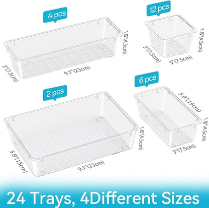 24 PCS Drawer Organizer Set, Makeup Organizers, Tool Storage Trays | 4 Sizes, Plastic, Stackable, Multiple Gadgets, Desk Drawer Divider Organizers, for Makeup, Office Supplies Storage