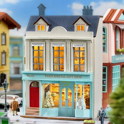 DIY Miniature House Kit, CUTEROOM Wooden Dollhouse Kit Mini House Making Kit with Furnitures, DIY Dollhouse Kit Birthday Gift for Women (Gift Shop)