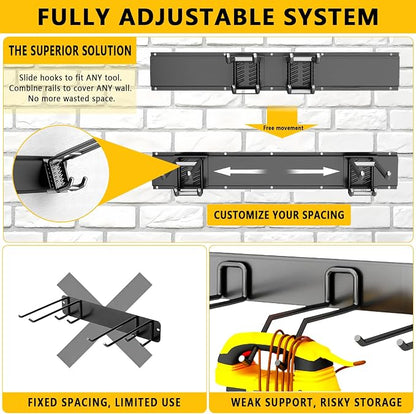 Garage Tool Organizer Wall Mount, 32inch Heavy-Duty Garage Storage System and Garden Tool Organizer with 4 Adjustable Hooks for Shovel, Snowboard, Yard Tools and Shed
