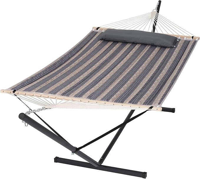 SUNCREAT Hammock with Stand 2 Person Heavy Duty, Freestanding Hammock with Spreader Bar, Soft Pillow, Gray Stripes