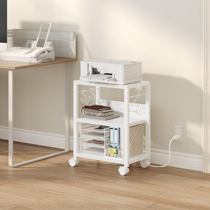 MAHANCRIS Industrial Printer Cart, 3-Tier Mobile Printer Stand, Rolling Cart with 2 AC Outlets and 2 USB Ports, Home Printer Stand with 2 Hooks, for Office, Living Room, White PTWT40E01