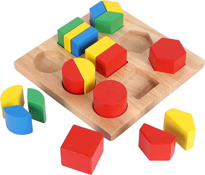 TOWO Wooden Geometric Shapes Stacking Rings and Fractions Boards 8 in 1 Set Puzzles- Shape Sorter Sorting Toy Stacking Game – Montessori Materials Educational Learning Toys for 3 4 5 6 Years