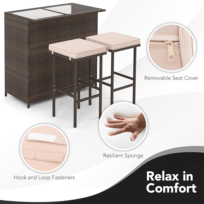 Tangkula 3 Piece Patio Bar Set, Outdoor Rattan Bar Table and 2 Stools with Tempered Glass Tabletop, 2-Tier Storage, Removable Cushions, Outside Wicker Conversation Set