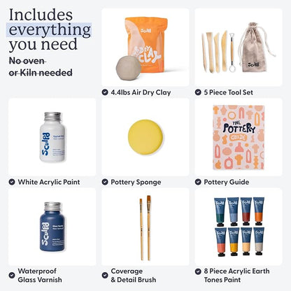 Sculpd - The Original Pottery Kit for Adults - Air Dry Clay for Adults, Tools, Varnish, Paints, Brushes, Couples Date Night Arts & Crafts Set, Gloss Varnish with Earth Tones