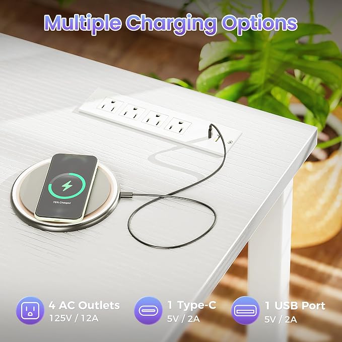 PRAISUN 47 X 20 Inch Computer Desk, Power Outlets, USB-C, White | Office Desk with 4 AC Outlets, USB & USB-C, Sturdy Metal Frame, Spacious Desktop for Work, Writing, Study & Gaming