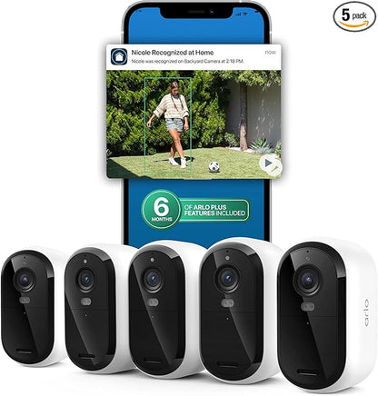 Arlo Essential Security Camera 2K (3rd Gen, 2025 Release) 5 Cam + 6 Months of Secure Plus Plan - Wireless Outdoor Camera, Battery Power, Person Recognition, Package Detection, Animated Preview, White