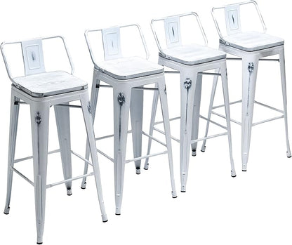 Yongchuang 26" Industrial Metal Barstools Set of 4 Counter Height Bar Stools with Back (Wood Top Low Back, Distressed White)