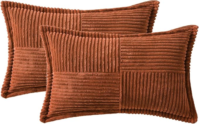 MIULEE Fall Dark Rust Decorative Lumbar Throw Pillow Covers for Couch Bed Livingroom 12x20 Inch Set of 2 Boho Accent Throw Pllows Broadside Striped Patchwork Soft Corduroy Pillowcases, Terracotta