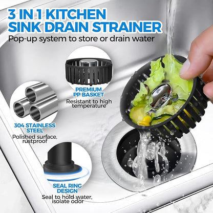 zaa 3 in 1 Kitchen Sink Drain Strainer Stopper Removable Basket Pop-Up | Kitchen Sink Accessories 1 Pack Black Stainless - Food Catcher, Odor-Blocking Seal, Fits 3.5" Drain, Easy Clean