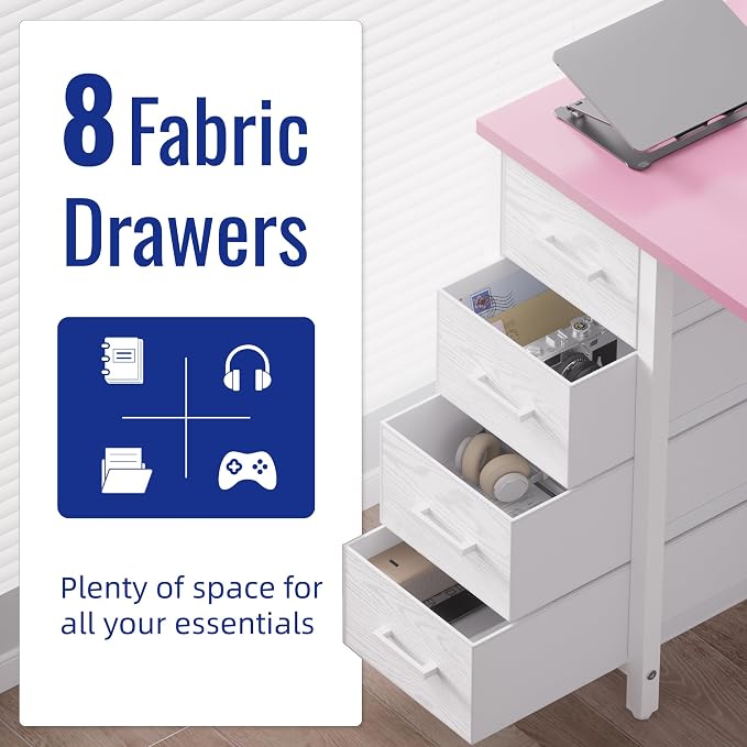 Pamray 47 Inch Computer Desk with 8 Fabric Drawers for Home Office Work | Ample Storage, Space-Saving, Suitable for Home Office Bedrooms Dorm Living Rooms for Study, Writing, Work