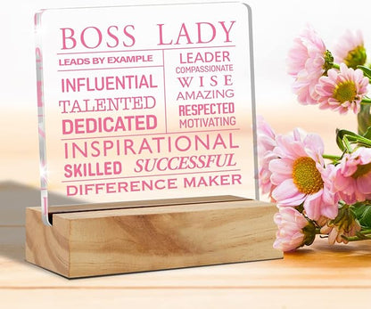 Inspirational Boss Appreciation Gift Boss Lady Gifts for Women, Pink Boss Lady Desk Decor Acrylic Desk Plaque Sign with Wood Stand Home Office Desk Sign Keepsake