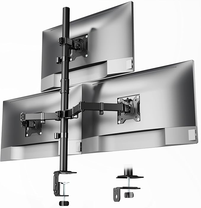 monTEK Triple Monitor Stand for 17-32" Screens, 22 lbs Each | Three-screen desk mount, height adjustment, tilt, swivel, rotation, clamp/grommet bases and VESA 75/100