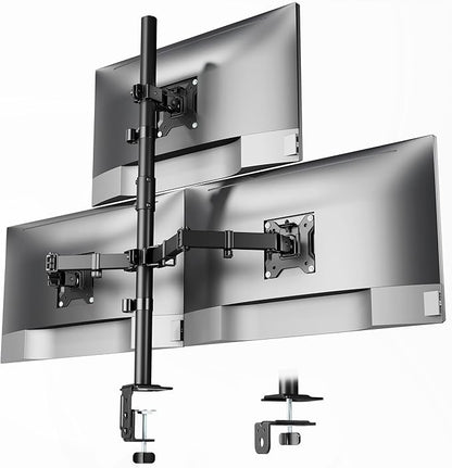 monTEK Triple Monitor Stand for 17-32" Screens, 22 lbs Each | Three-screen desk mount, height adjustment, tilt, swivel, rotation, clamp/grommet bases and VESA 75/100