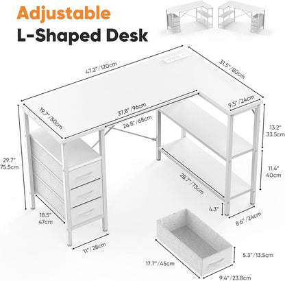 DUMOS L Shaped Desk with Drawers, Gaming Desk, 47 Inch | Power Outlet, Study Table, Adjustable Shelves, Home Office, Corner Computer Workstation, Bedroom, White