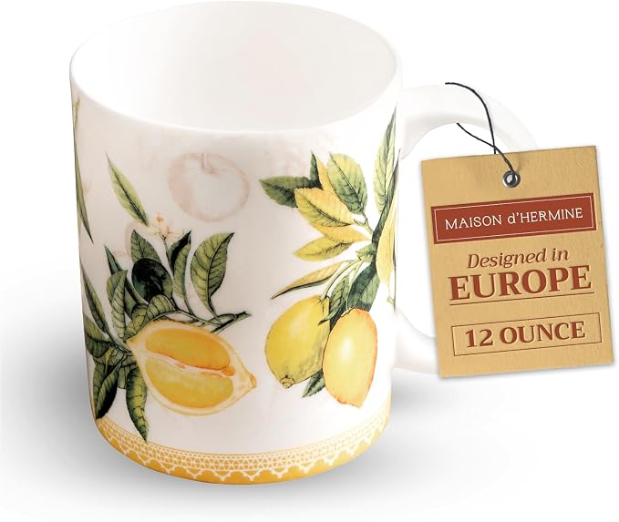 Maison d' Hermine Coffee Mug with Handles Tea Cups (12 Ounce, Pack of 1) | Fine Bone China Coffee Mugs for Hot Beverages Cappuccino Latte Home Restaurant Hotel Spring Summer -Limoncello - Verna