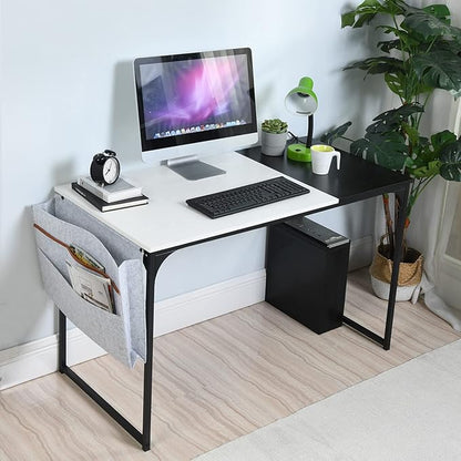 FurnitureR 39.4 inch Study Writing Table with Storage Bag Space Saving for Home Office, Modern PC Metal Frame Computer Desk, Black/White