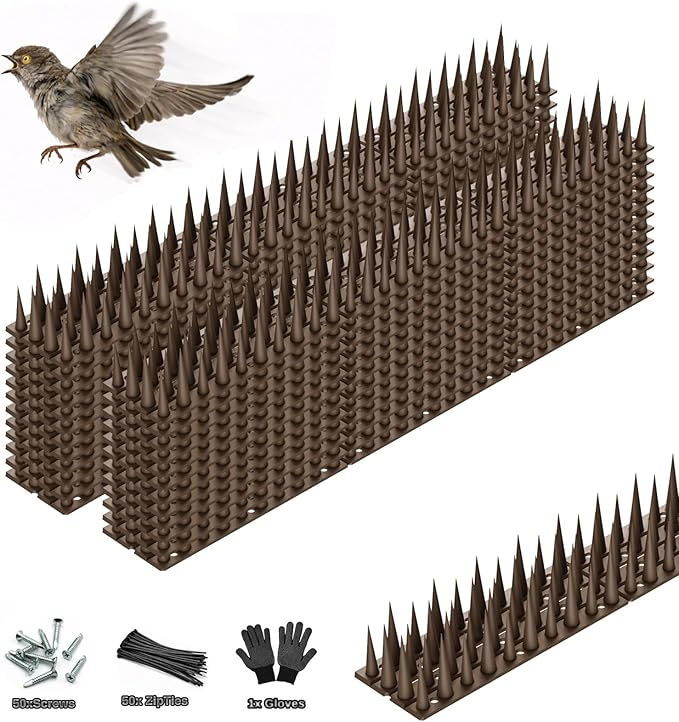 Bird Spikes, 24 Pack, 33.5 FT Total Coverage, Outdoor Bird Deterrent for Pigeons and Small Birds, Helps Keep Cats and Squirrels Away, Plastic Spikes for Fences, Railings and Roofs, Brown