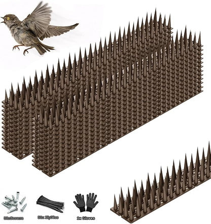 Bird Spikes, 24 Pack, 33.5 FT Total Coverage, Outdoor Bird Deterrent for Pigeons and Small Birds, Helps Keep Cats and Squirrels Away, Plastic Spikes for Fences, Railings and Roofs, Brown