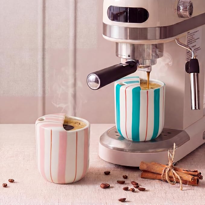 2 Pcs Ceramic Mug with Sip Hole 10 oz Pink Turquoise Striped Ceramic Coffee Mug Hand Painted Travel Mugs Heat Resistant Non Slip Built in One Lid Mugs for Coffee Lovers Appreciation Gift