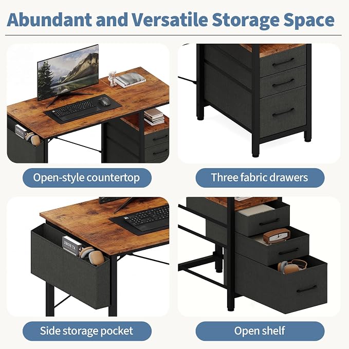 DUMOS 39 Inch Small Computer Desk with Storage, Fabric Drawers | Writing Table, Side Pocket, Space Saving Workstation, Home Office, Gaming Setup, Dorm Apartment, Rustic Brown