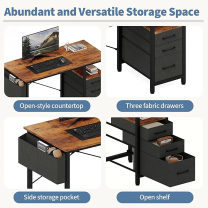 DUMOS 39 Inch Small Computer Desk with Storage, Fabric Drawers | Writing Table, Side Pocket, Space Saving Workstation, Home Office, Gaming Setup, Dorm Apartment, Rustic Brown