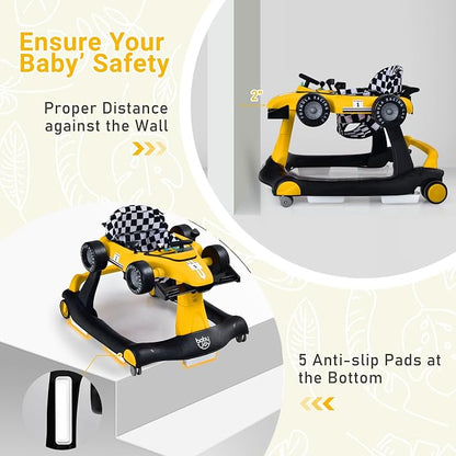 BABY JOY 4-in-1 Baby Walker, Foldable Activity Walker with Adjustable Height & Speed, Music, Lights, Anti-Rollover, Toddler Push Walker, Baby Walker with Wheels for Boys Girls 6-18 Months (Yellow)