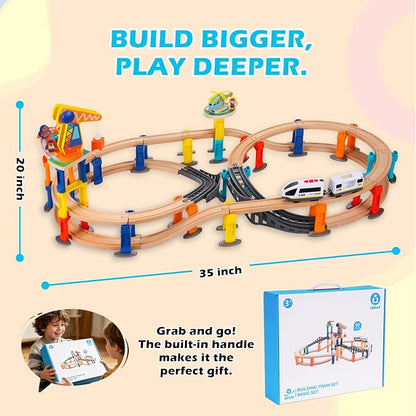 60Pcs Wooden Train Track Set, 203-inch Track Length, Train Bridge Toy Set for Toddlers, Scenario Building Blocks Toddler Toys with Airplane and Magnetic Crane, Birthday Gift Ideas for Boys and Girls