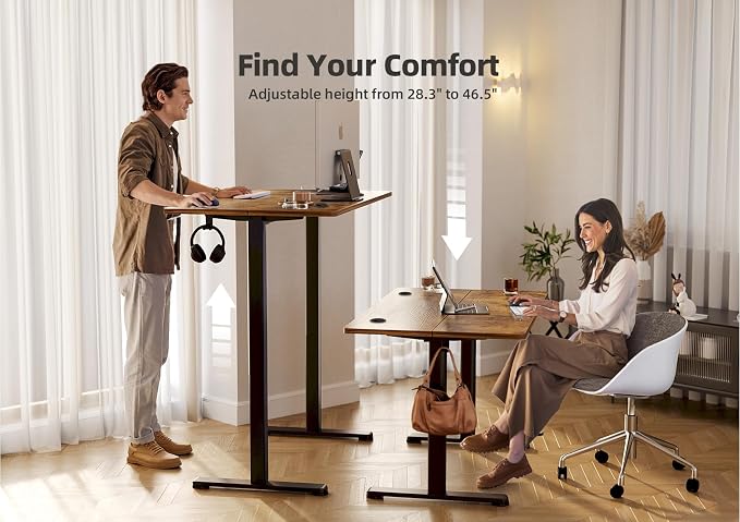 YDN 35 x 20 Inch Rustic Brown Electric Standing Desk | Adjustable Height, Sit Stand, Cable Management, Ergonomic, Home Office