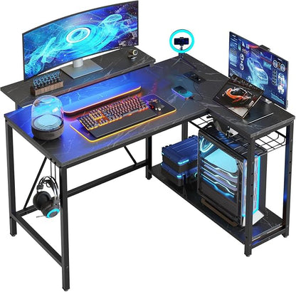 Bestier 42-Inch L-Shaped Gaming Desk with Charging & LED, Marble Black | Charging 2AC+USB+Type-C, RGB LED 7 Colors/20 Modes, Reversible Shelves, 3D Carbon Fiber, Headphone Hook, Small Space