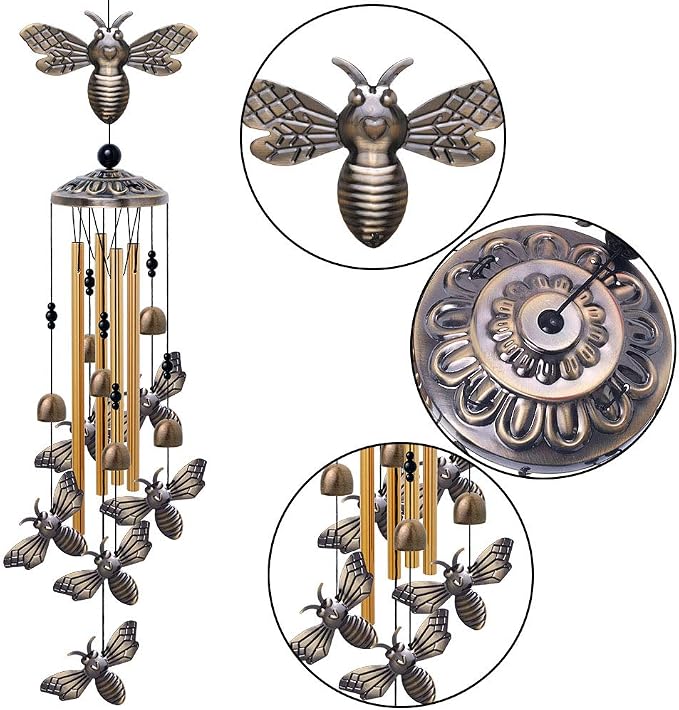 Garden Bee Wind Chimes Outdoor Indoor Decor - with 4 Tubes 6 Bells 7 Bees Wind Chime, Mobile Romantic Bee Wind Catcher, Bees Windchimes for Home, Mom Gifts, Balcony, Tree, Festival, Garden Decoration