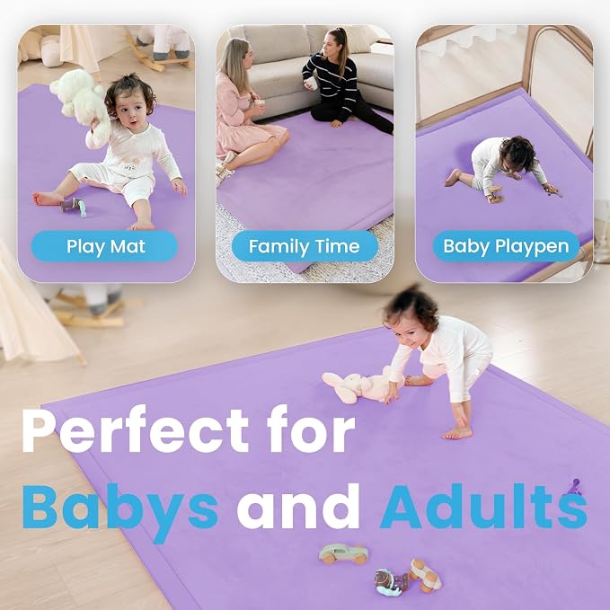 1.3" Thick Baby Play Mat for Floor Playpen, 71x79 Large Foam Tummy Time Mat, Padded Support Soft Plush Nursery Rug for Infant Kids Toddler Crawling Kick Activity (Lavender)