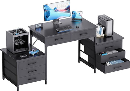 Pamray 63 Inch Office Desk with 8 Drawers and Printer Shelves for Computer | Space-saving, Ample Storage, Large Workspace, Easy Assembly, Sturdy, Suitable for Home Office Study Gaming, Bedroom and Dorms
