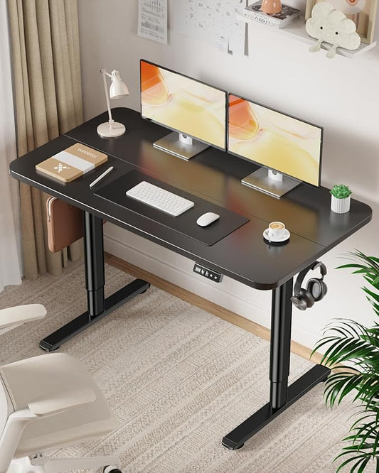 Electric Standing Desk Adjustable Height Stand Up Desk, 48" x 24" Sit Stand Desk, Low Noise Home Office Desk, Computer Desk with Splice Board, Child Lock & Memory Function, Black