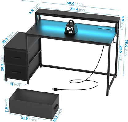 GreenForest Small Desk for Bedroom, 39.4 inch Computer Desk with 2 Drawers, Gaming Desk with LED Light and Power Outlet, Reversible Office Desk with Monitor Stand, Desk for Small Spaces, Black