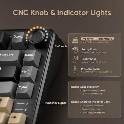 RedThunder K75 Wireless Mechanical Keyboard, CNC Knob, Tri-Mode BT5.0/2.4GHz/USB-C Hot Swappable Custom, Pre-lubed Linear Coconut Switches, Gasket Structure, RGB Gaming Keyboard, Black-Gold