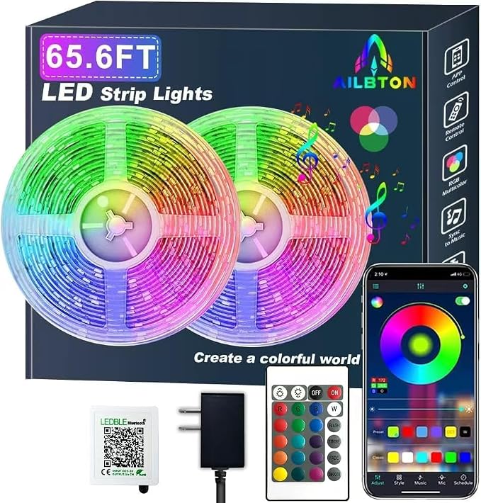 65.6ft/20M Led Strip Lights, Long Smart Music Sync 5050 RGB Color Changing Light Strip Bluetooth APP/IR Remote/Switch Box Control Rope Lights LED Lights for Bedroom,Party,Home Decoration,Festival