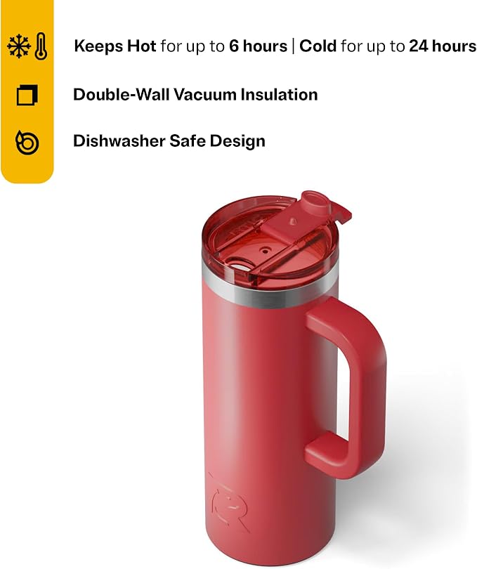 RTIC 20oz Road Trip Travel Mug with Lid and Handle, Ceramic Lined, Insulated, Stainless Steel, Metal, Double Wall Vacuum-Insulation, Portable Coffee, Tea Cup for Hot and Cold Drink, Flag Red