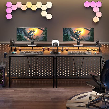 Gaming Desk with Power Outlets & Music Strip Lights,Computer Desk with Large Monitor Stand, PC Laptop Table for Small Spaces, Gamer Workstation with Cup Holder, Headphone Hook for Home Office