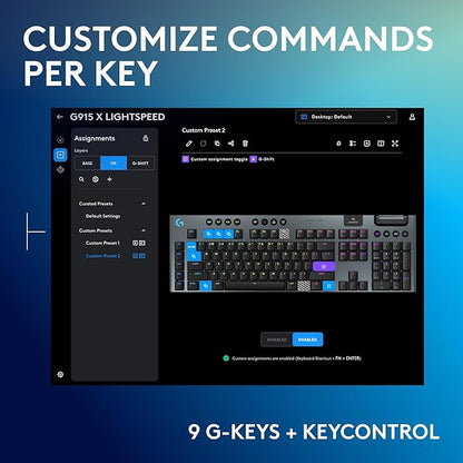 Logitech G915 X Lightspeed Wireless Gaming Keyboard (Clicky) - Black | Low Profile, Mechanical Switches, Double-Shot PBT Keycaps, RGB lighting, Aluminum finish, PC/Mac Compatible