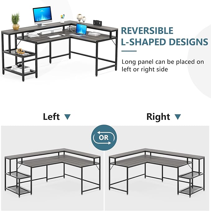 L-Shaped Desk with Monitor Shelf,Corner Computer Desk with Storage, Gray