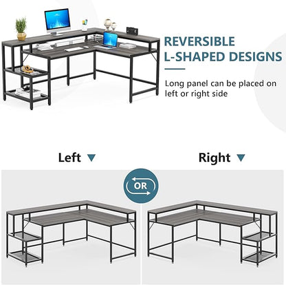 L-Shaped Desk with Monitor Shelf,Corner Computer Desk with Storage, Gray