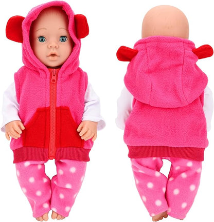 4 PCS Baby Doll Clothes and Accessories for 14-16 Inch Born Baby Dolls 1 Pink Hooded Vest with Pants T-Shirt and 1 Hanger Outfit Clothing Set for Dolls
