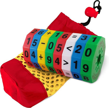 Geospace Original Math Spin Educational Travel Edition for Kids with Numbers & Arithmetic Operations- Handheld Magnetic Learning Game with 8 Magnetic Spin Wheels & Handmade Storage Pouch
