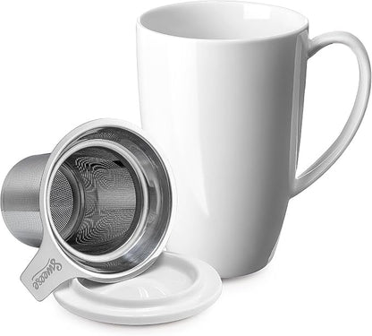 Sweese 15oz Porcelain Tea Mug with Infuser and Lid – Microwave Safe, Ergonomic Handle, Lead-Free Glaze, for Loose Leaf Tea White;