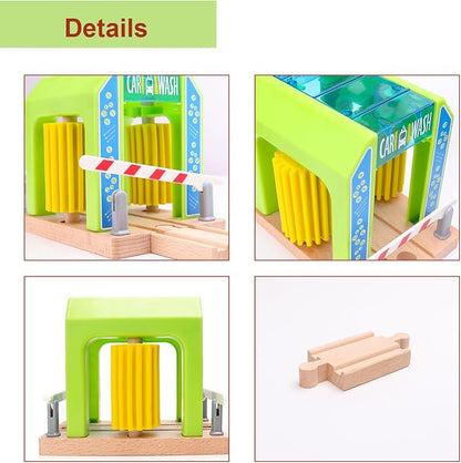 Car Wash Toy for Wooden Train Set Accessories,Wooden Train Washing Station Playset for Toddlers,Compatible with Thomas, Brio, Chuggington