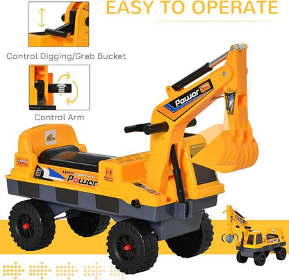 Qaba No Power 2 in 1 Ride On Excavator with Helmet and Claw, Construction Truck Set, Multi-Functional Digger with Storage, Light and Music, Yellow