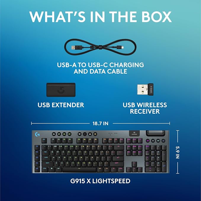 Logitech G915 X Lightspeed Wireless Gaming Keyboard (Tactile) - Black | Low Profile, Mechanical Switches, Double-Shot PBT Keycaps, RGB lighting, Aluminum finish, PC/Mac Compatible